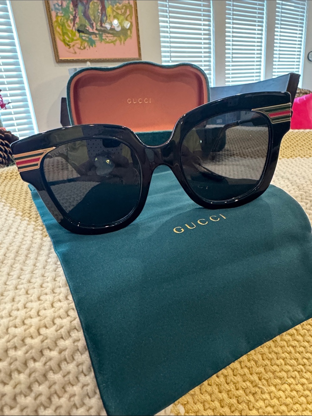 Gucci Black Cat-Eye Sunglasses with Red & Green Stripe Accent